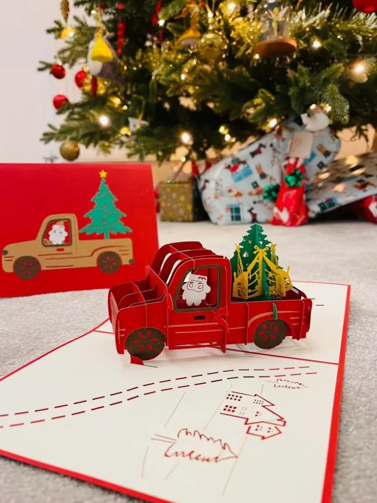 3D Santa deliver Christmas Tree Airplane Greeting Card & 1pc Envelope