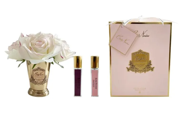 NEW - COTE NOIRE - SEVEN ROSE BOUQUET IN PINK BLUSH PINK BOX GOLD VASE - SMB20